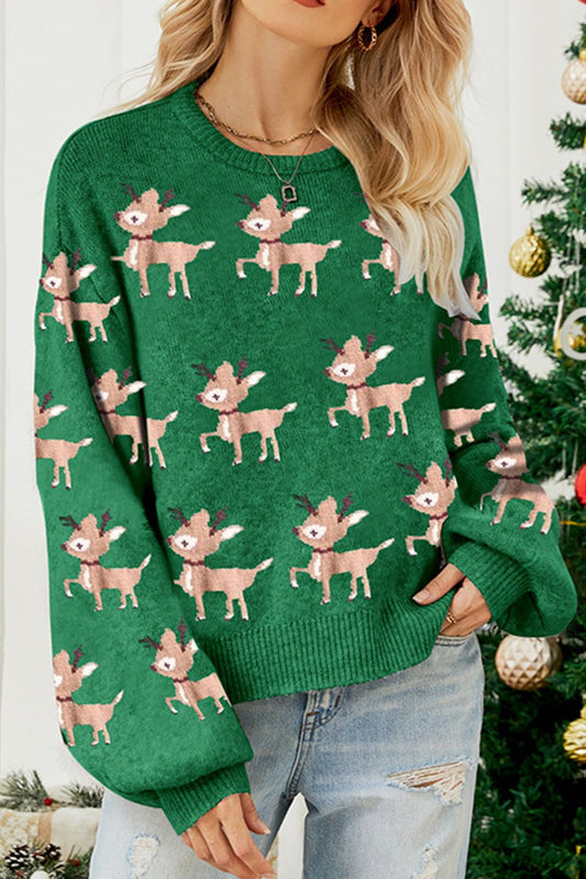 Reindeer Round Neck Drop Shoulder Sweater - Astra's Stellar Boutique
