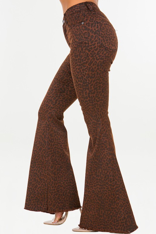 Leopard Print Bell Bottom jean in Brown - Astra's Stellar Boutique