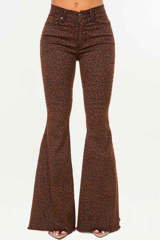 Leopard Print Bell Bottom jean in Brown - Astra's Stellar Boutique