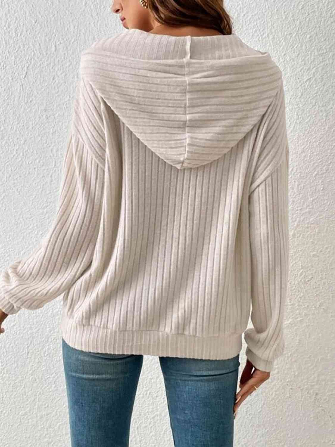 Ribbed Dropped Shoulder Drawstring Hoodie - Astra's Stellar Boutique