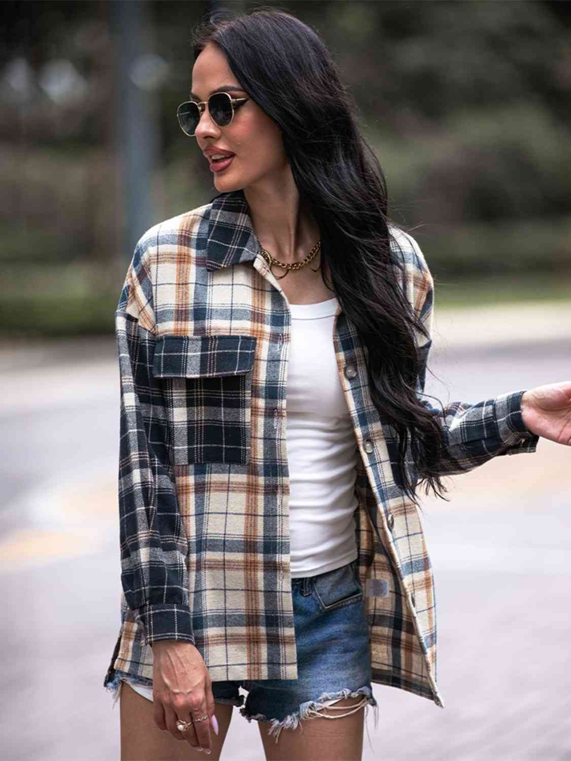 Plaid Dropped Shoulder Shacket - Astra's Stellar Boutique