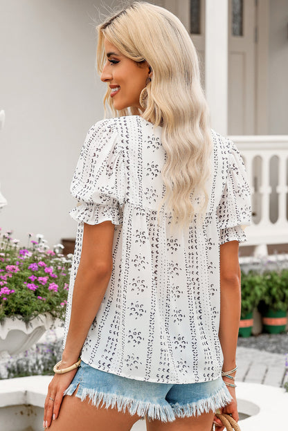 Embroidered Round Neck Flounce Sleeve Blouse - Astra's Stellar Boutique