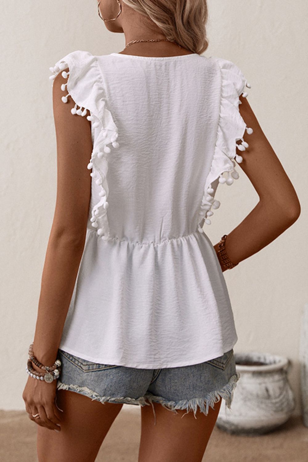 Embroidered Pom-Pom Trim Cap Sleeve Babydoll Top - Astra's Stellar Boutique
