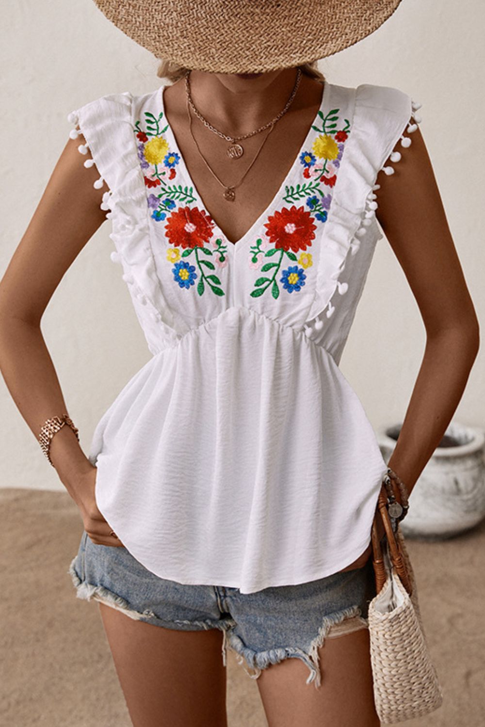 Embroidered Pom-Pom Trim Cap Sleeve Babydoll Top - Astra's Stellar Boutique