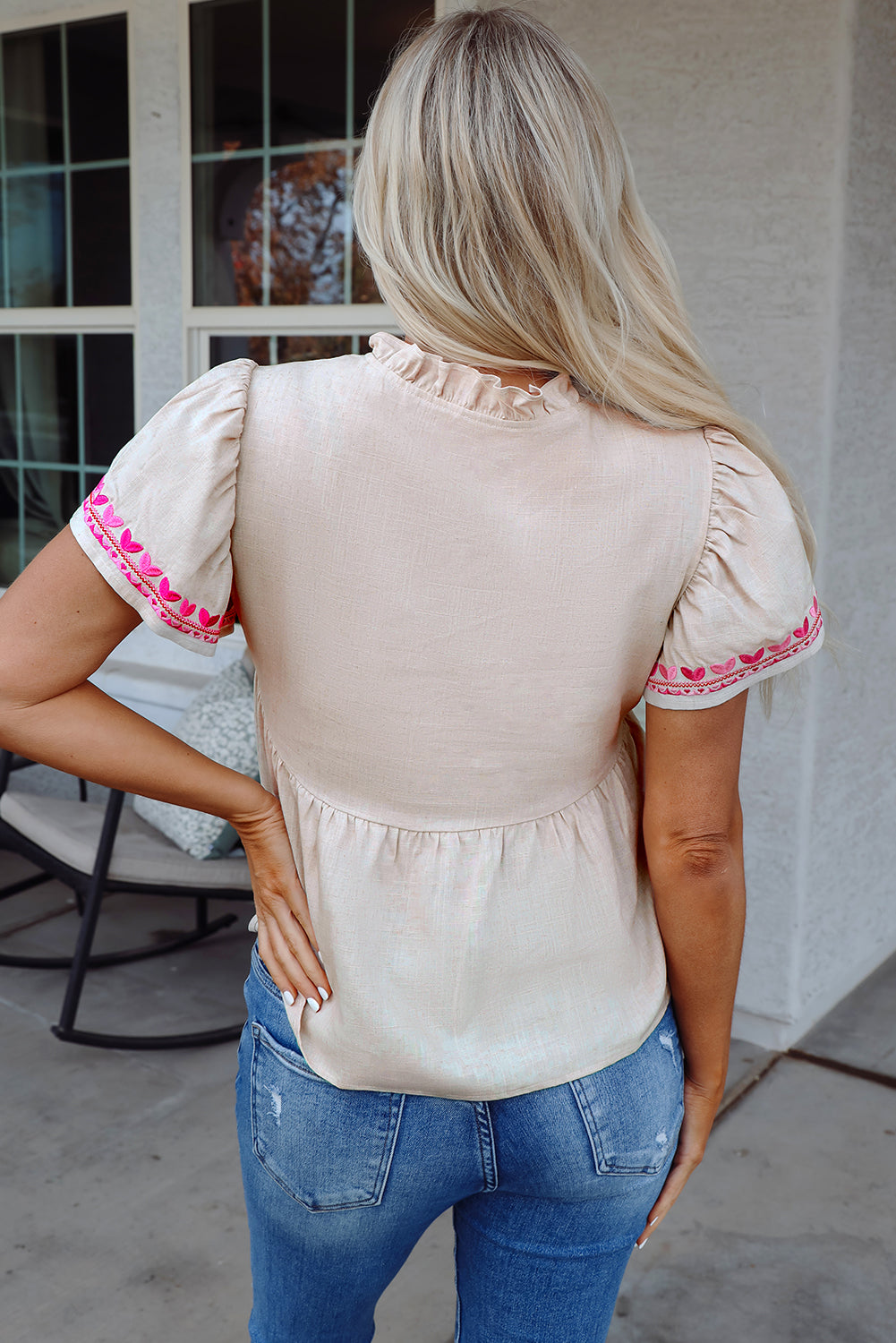 Jaliyah Floral Embroidered Notched V Neck Blouse - Astra's Stellar Boutique