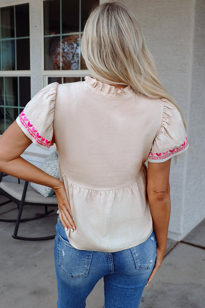 Jaliyah Floral Embroidered Notched V Neck Blouse - Astra's Stellar Boutique