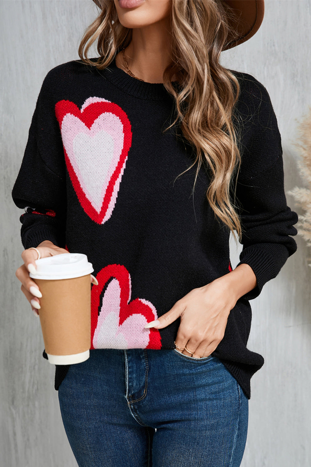 Angel Wings Heart Round Neck Long Sleeve Sweater - Astra's Stellar Boutique