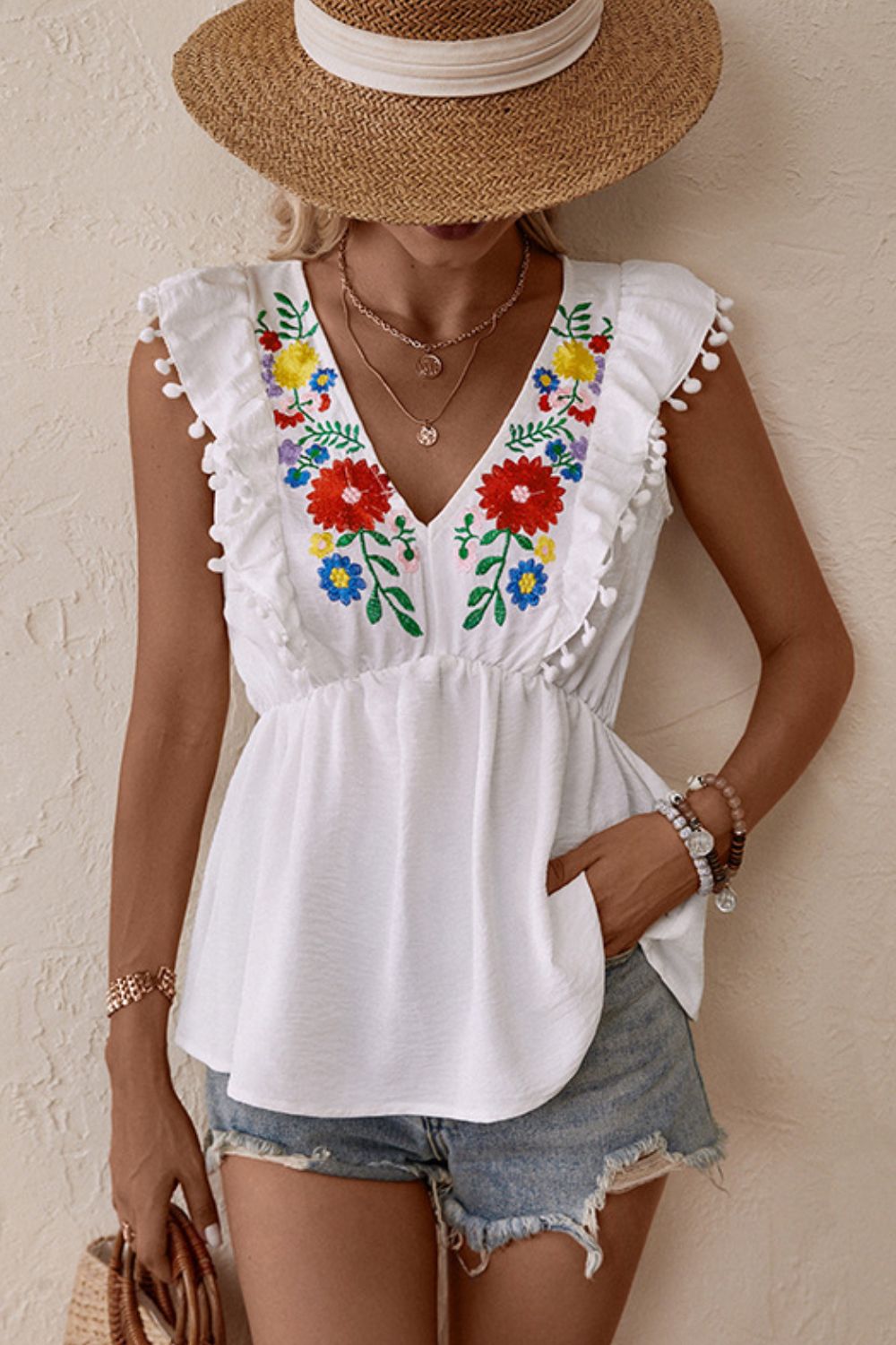 Embroidered Pom-Pom Trim Cap Sleeve Babydoll Top - Astra's Stellar Boutique