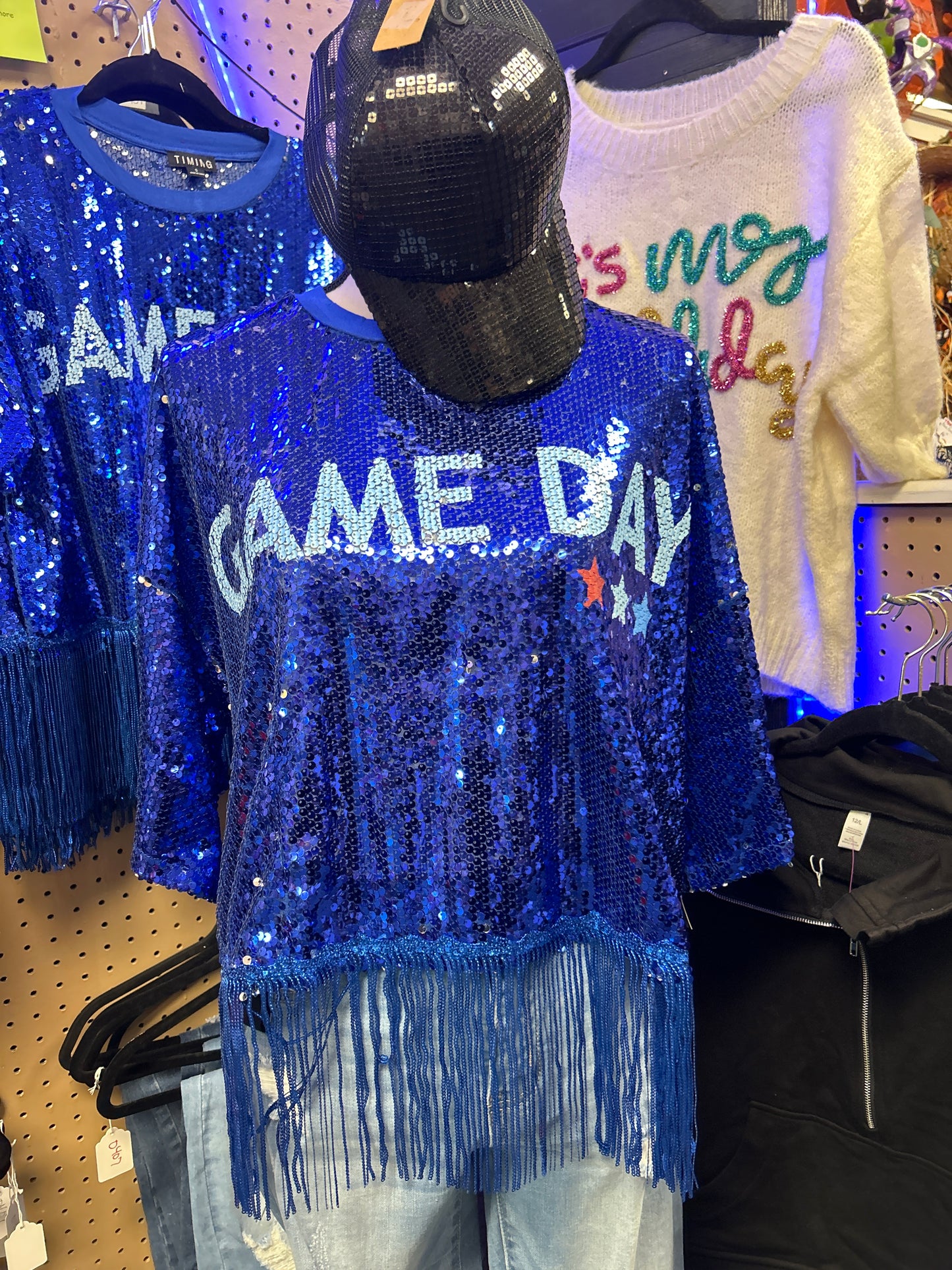 Blue Sequin Game Day Top