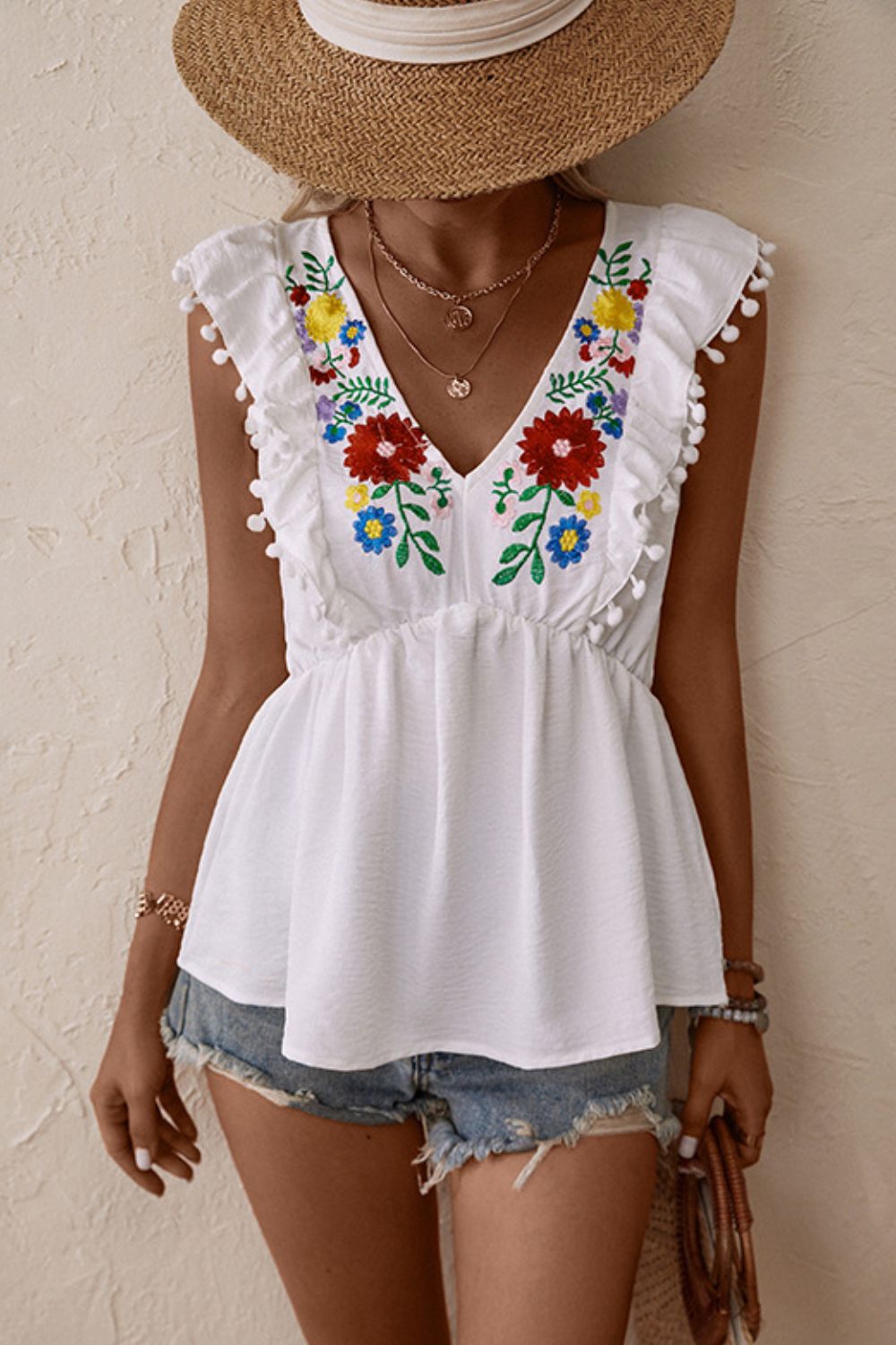 Embroidered Pom-Pom Trim Cap Sleeve Babydoll Top - Astra's Stellar Boutique