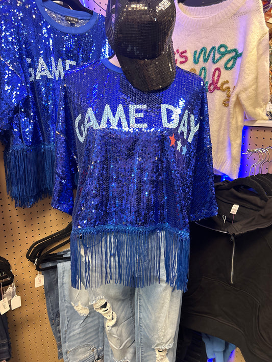 Blue Sequin Game Day Top