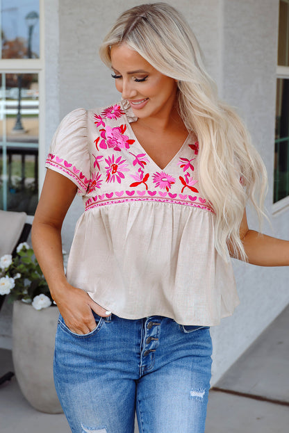 Jaliyah Floral Embroidered Notched V Neck Blouse - Astra's Stellar Boutique