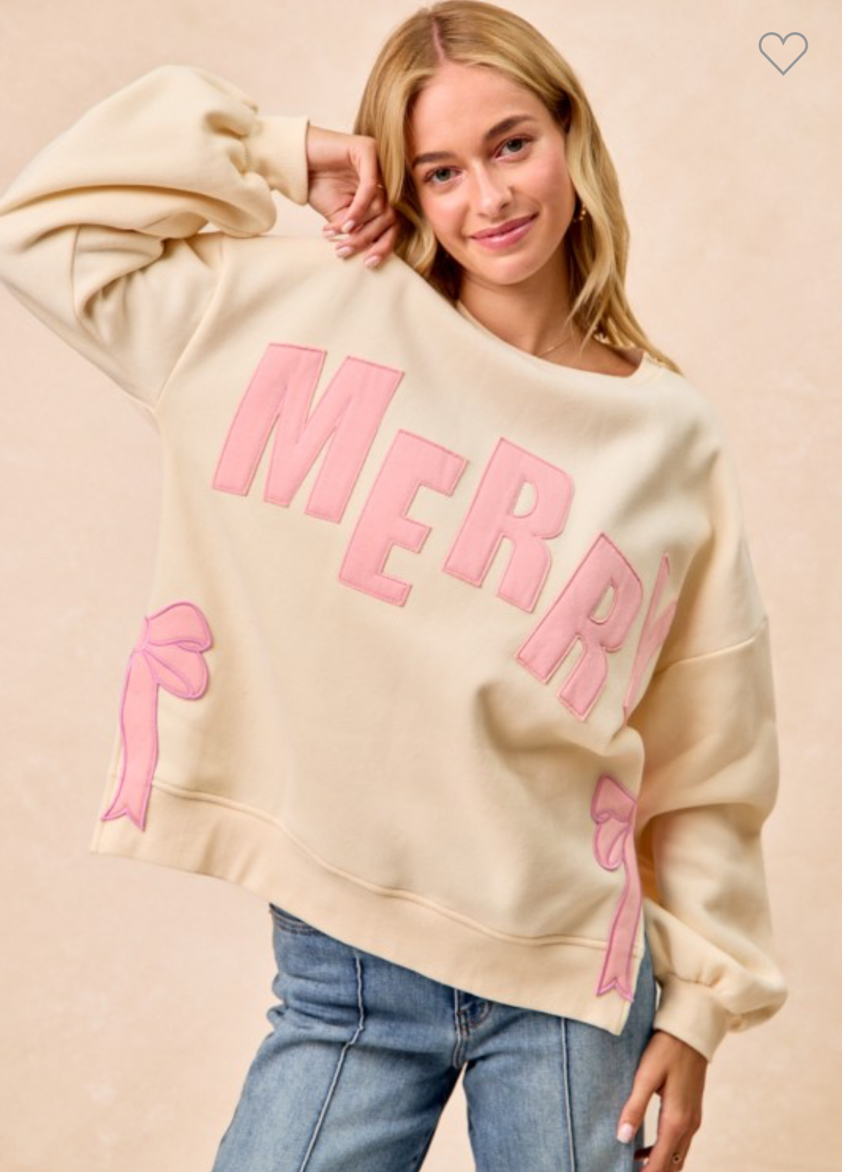 Merry Side Bow Patches Christmas Fleece Sweatshirt – Cream/Pink - Astra's Stellar Boutique