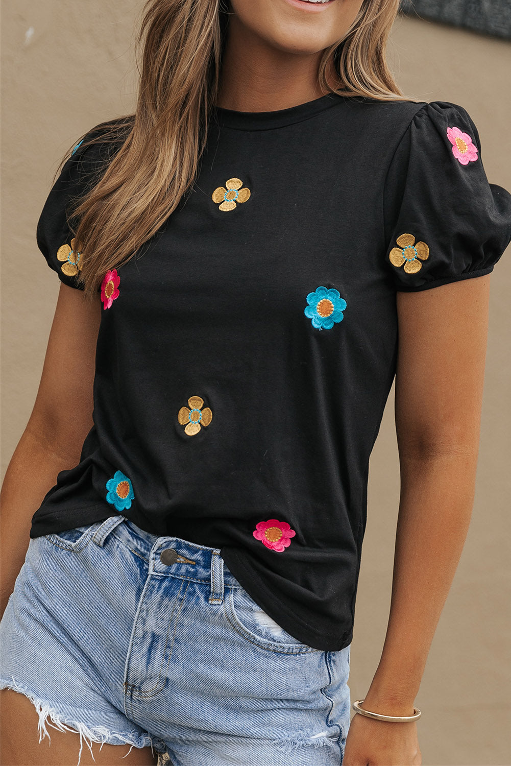 Oaklyn Embroidered Flower Short Puff Sleeve Tee - Astra's Stellar Boutique