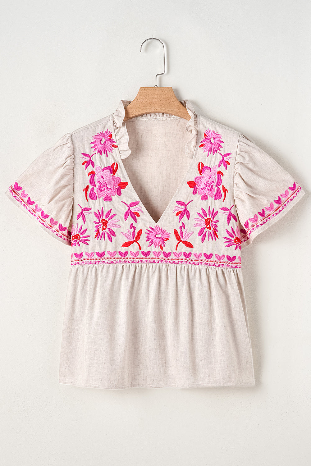 Jaliyah Floral Embroidered Notched V Neck Blouse - Astra's Stellar Boutique