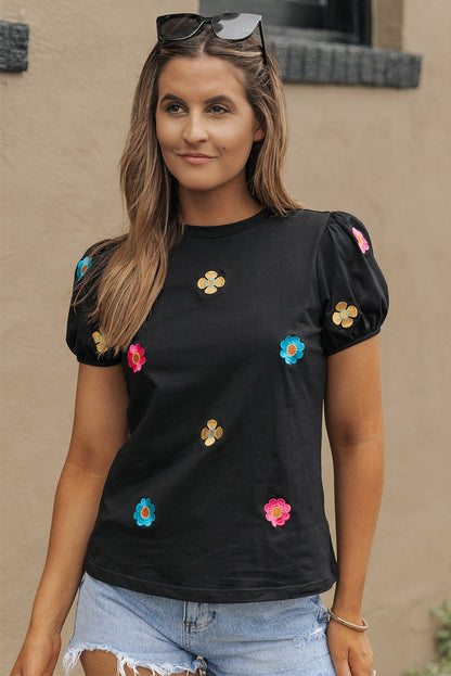 Oaklyn Embroidered Flower Short Puff Sleeve Tee - Astra's Stellar Boutique