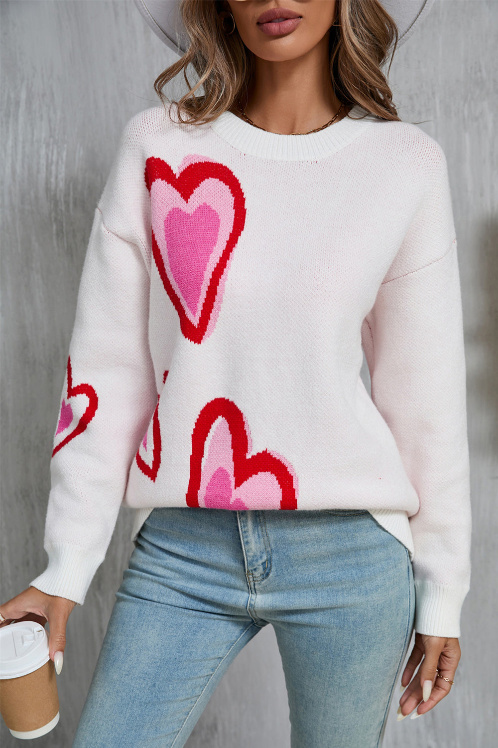 Angel Wings Heart Round Neck Long Sleeve Sweater - Astra's Stellar Boutique