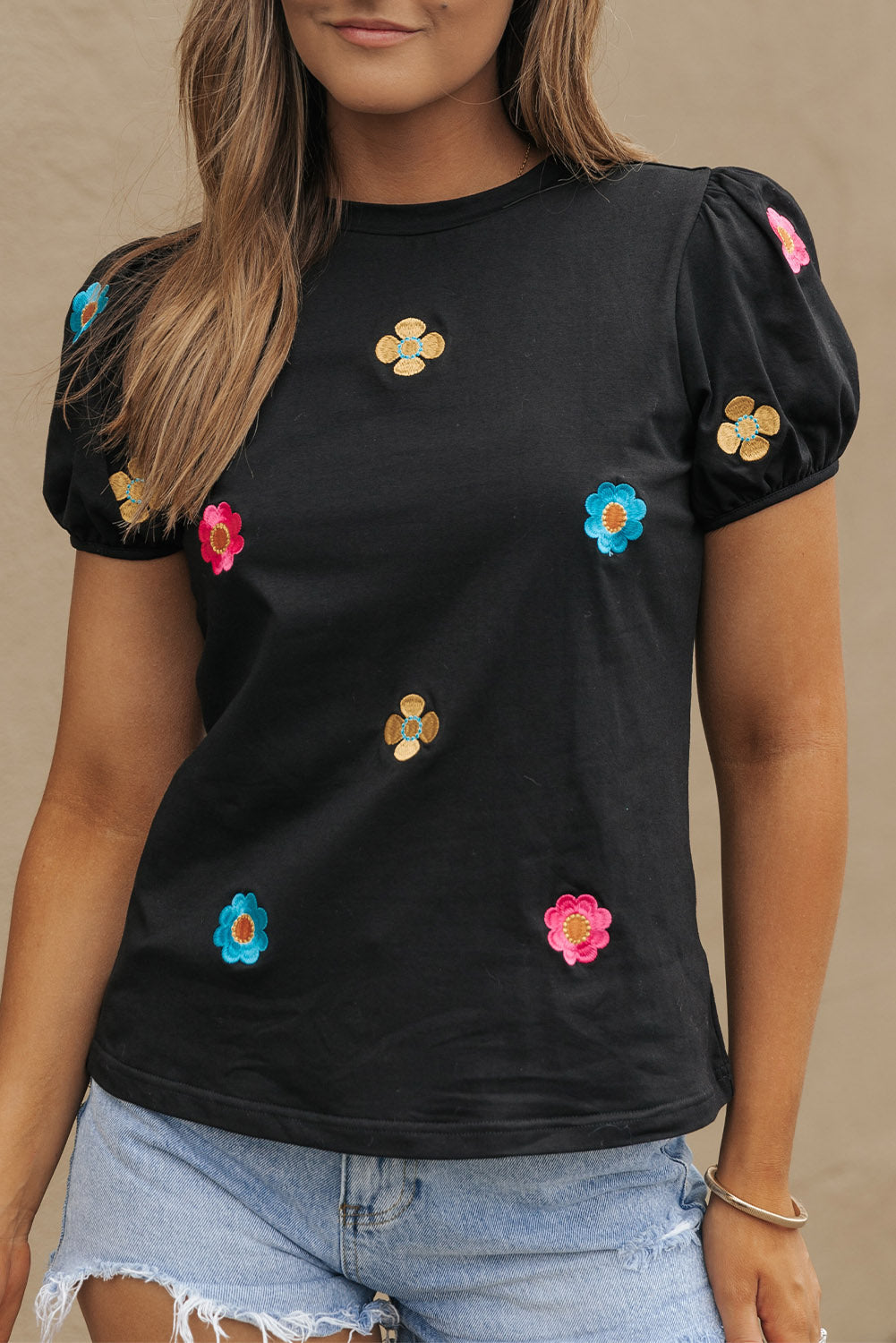 Oaklyn Embroidered Flower Short Puff Sleeve Tee - Astra's Stellar Boutique