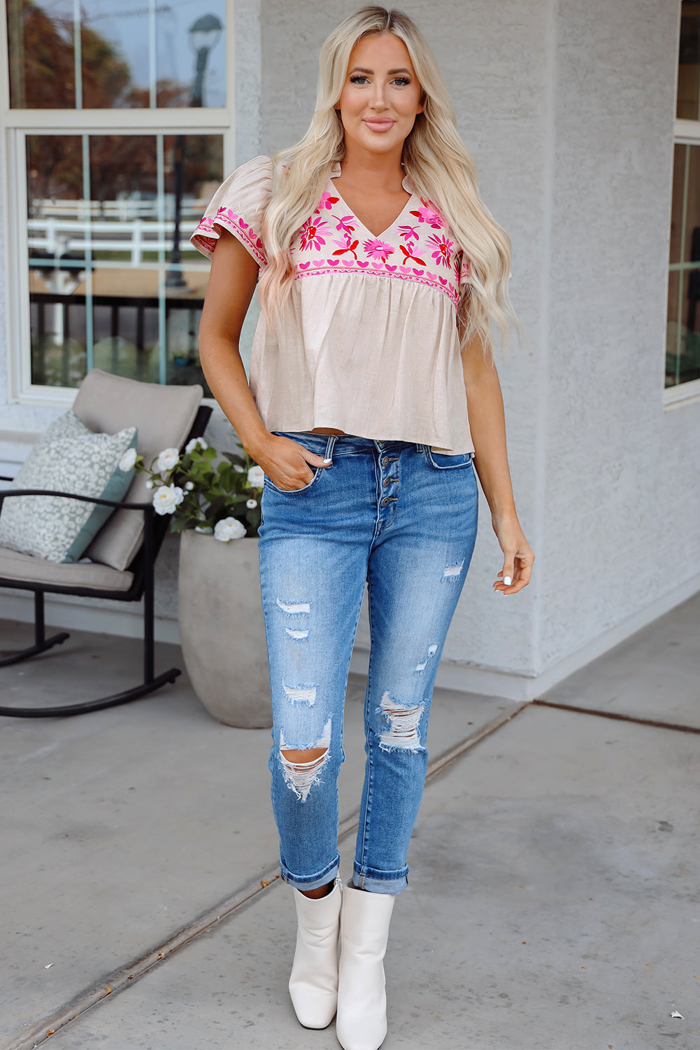 Jaliyah Floral Embroidered Notched V Neck Blouse - Astra's Stellar Boutique