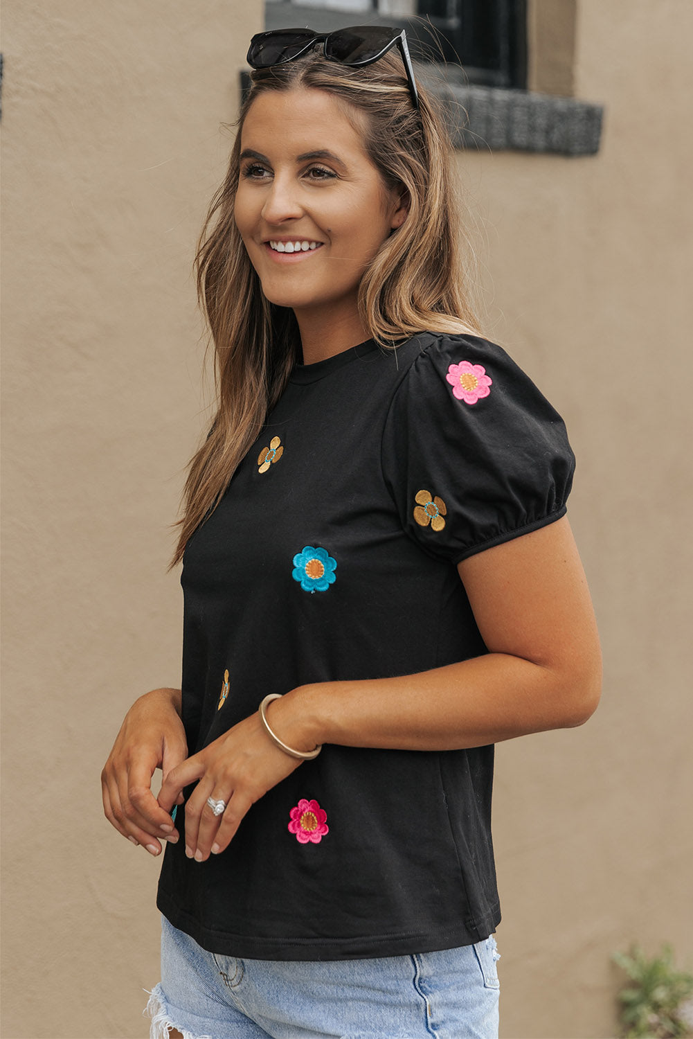 Oaklyn Embroidered Flower Short Puff Sleeve Tee - Astra's Stellar Boutique