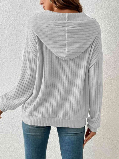 Ribbed Dropped Shoulder Drawstring Hoodie - Astra's Stellar Boutique