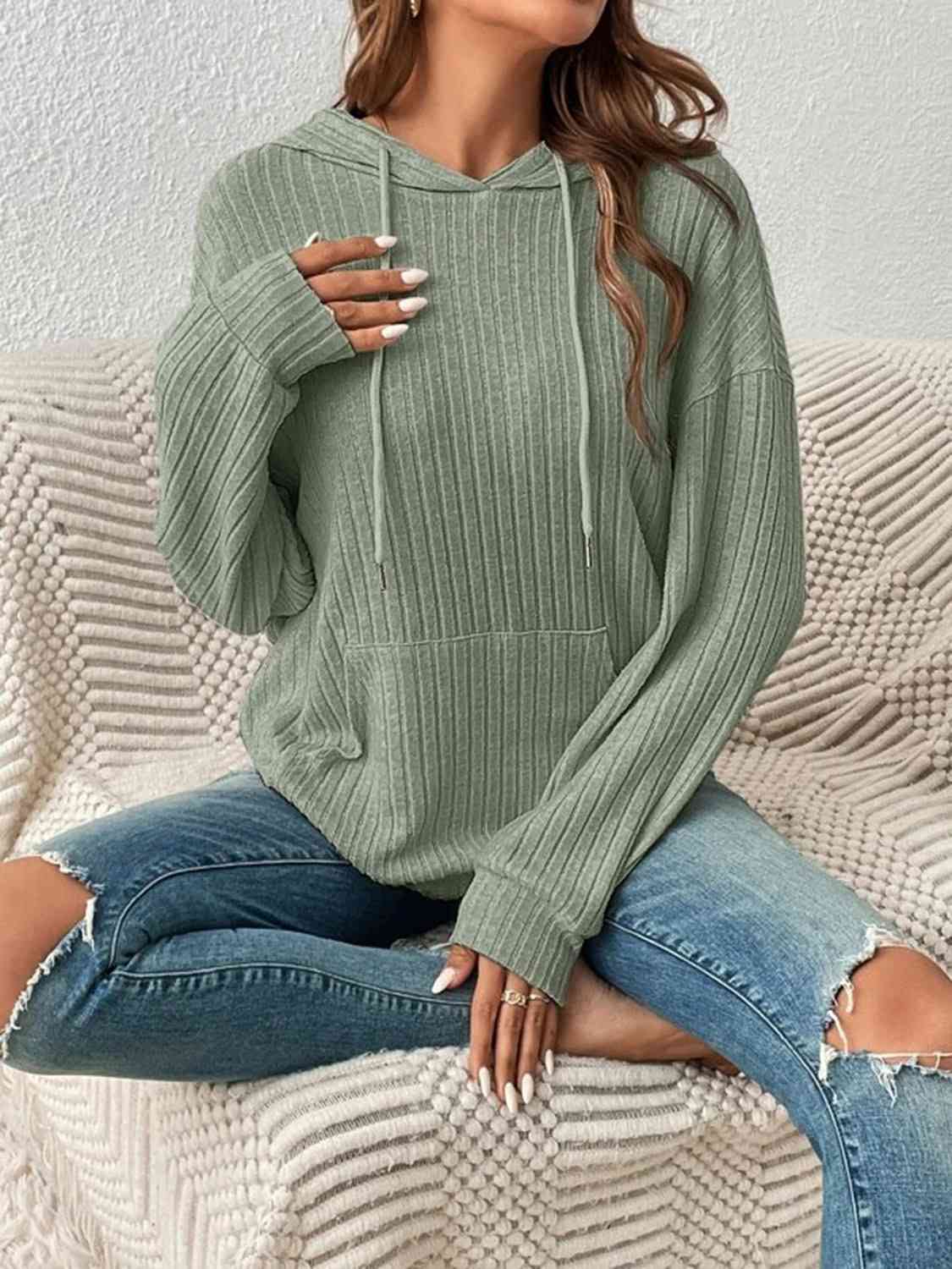 Ribbed Dropped Shoulder Drawstring Hoodie - Astra's Stellar Boutique