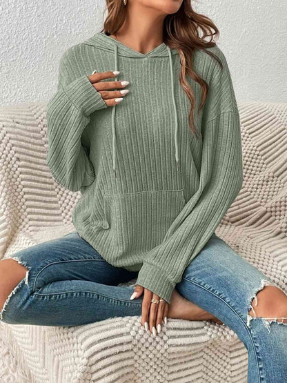 Ribbed Dropped Shoulder Drawstring Hoodie - Astra's Stellar Boutique