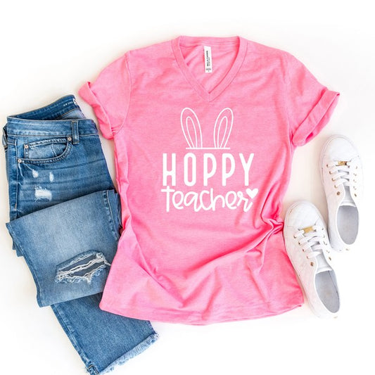 Hoppy Teacher Graphic V-Neck Tee - Astra's Stellar Boutique