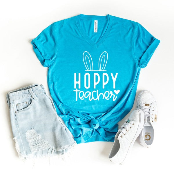 Hoppy Teacher Graphic V-Neck Tee - Astra's Stellar Boutique