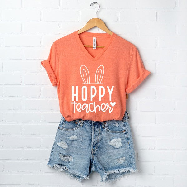 Hoppy Teacher Graphic V-Neck Tee - Astra's Stellar Boutique