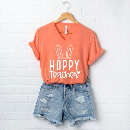 Hoppy Teacher Graphic V-Neck Tee - Astra's Stellar Boutique