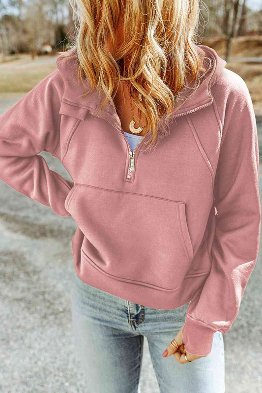 Double Take Half-Zip Thumbhole Sleeve Hoodie - Astra's Stellar Boutique
