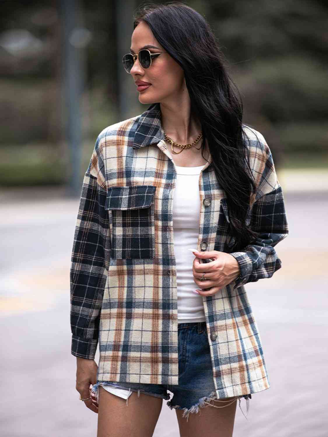 Plaid Dropped Shoulder Shacket - Astra's Stellar Boutique
