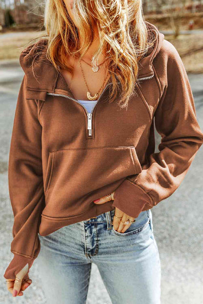 Double Take Half-Zip Thumbhole Sleeve Hoodie - Astra's Stellar Boutique
