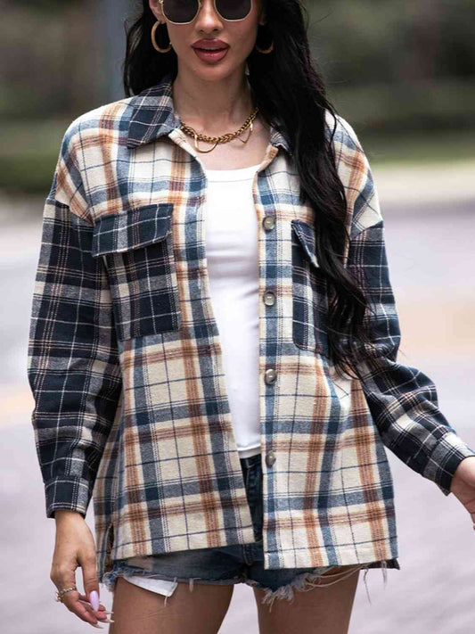 Plaid Dropped Shoulder Shacket - Astra's Stellar Boutique