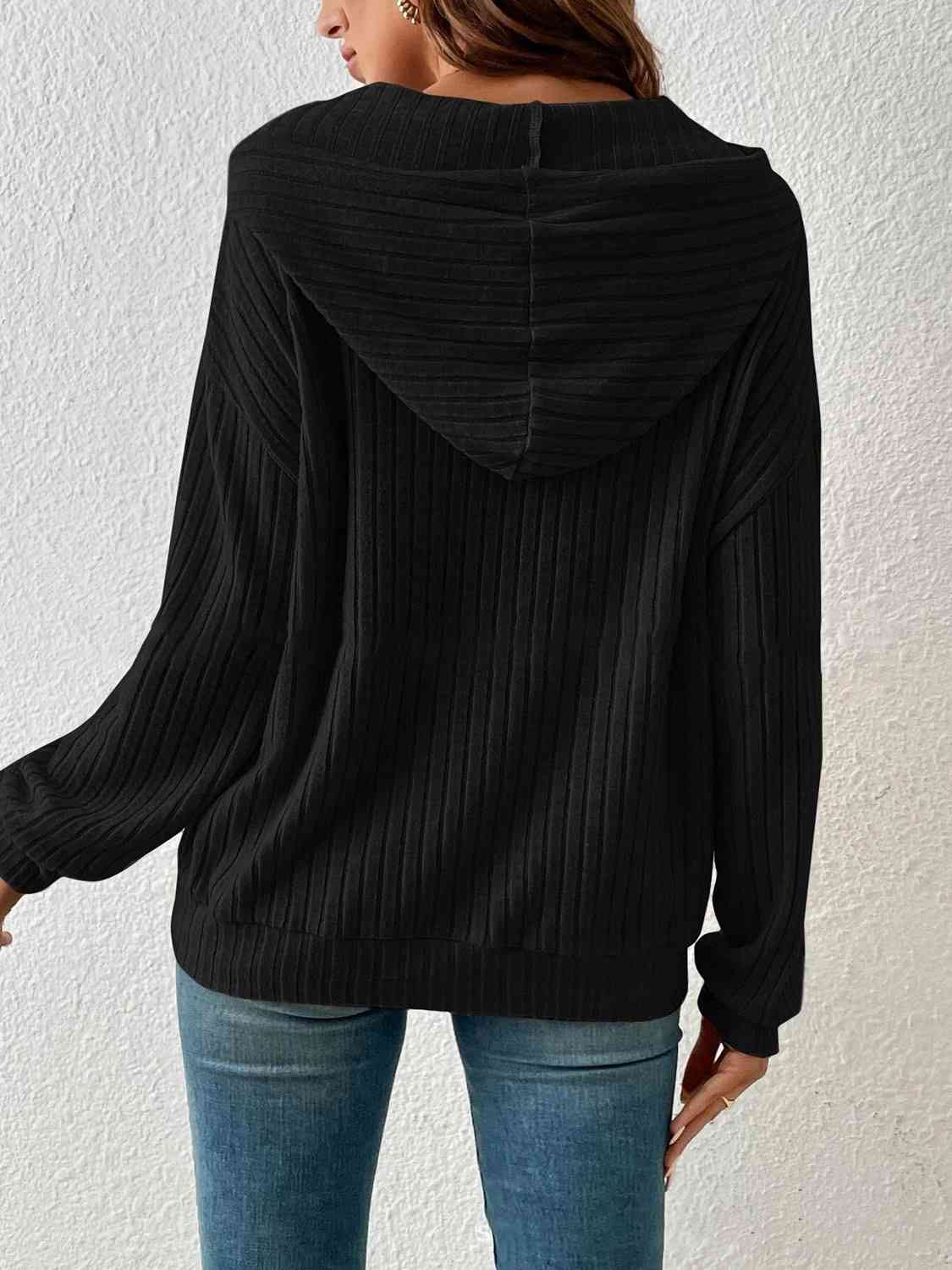 Ribbed Dropped Shoulder Drawstring Hoodie - Astra's Stellar Boutique