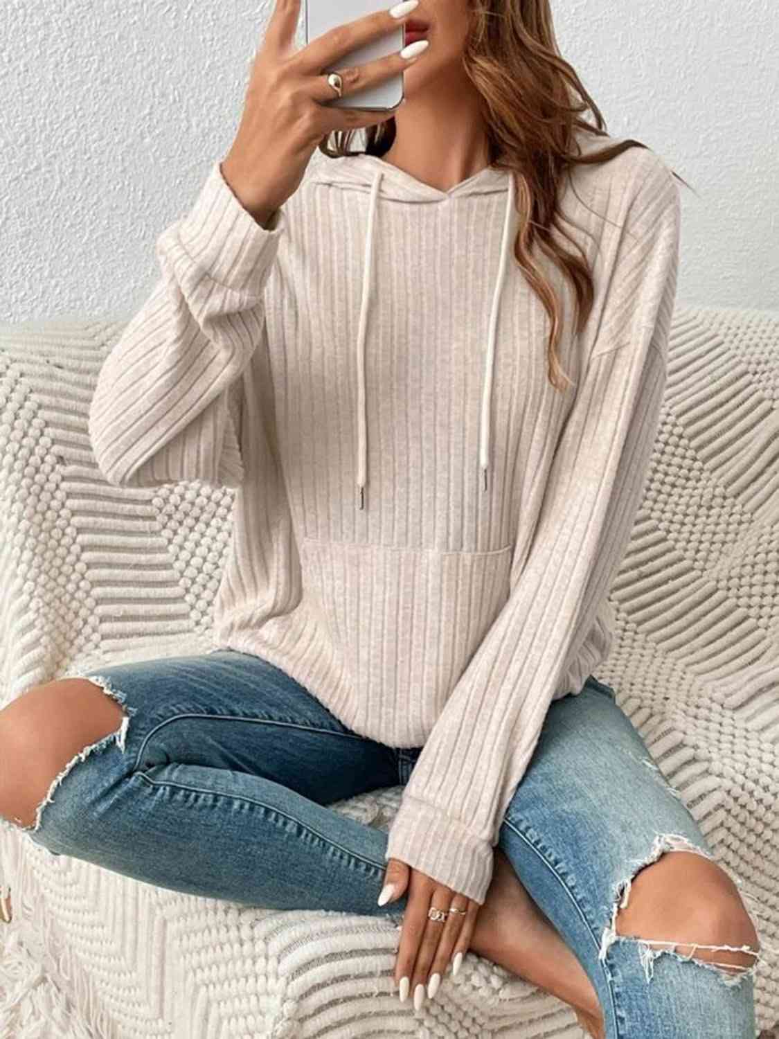 Ribbed Dropped Shoulder Drawstring Hoodie - Astra's Stellar Boutique