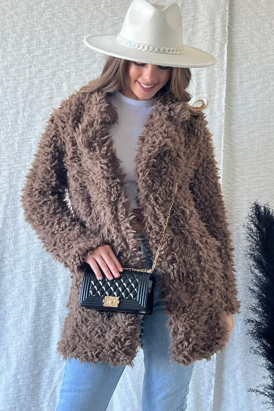 OPENFRONT LONG SLEEVE COLLARED FUR COAT FUR JACKET - Astra's Stellar Boutique