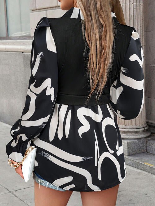 Collared Neck Black And White Color-Contrast Print Long Sleeve Shirt - Astra's Stellar Boutique