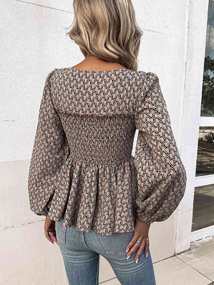 Printed Square Neck Long Sleeve Blouse - Astra's Stellar Boutique