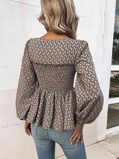 Printed Square Neck Long Sleeve Blouse - Astra's Stellar Boutique