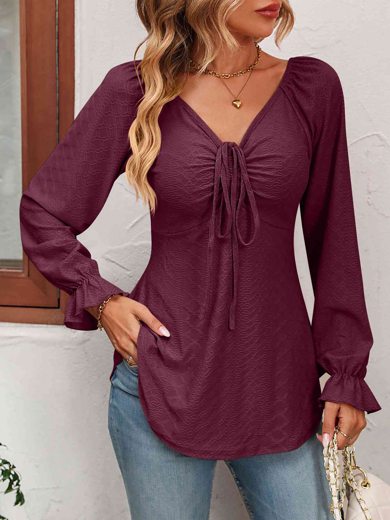 Tie Front V-Neck Puff Sleeve Blouse - Astra's Stellar Boutique