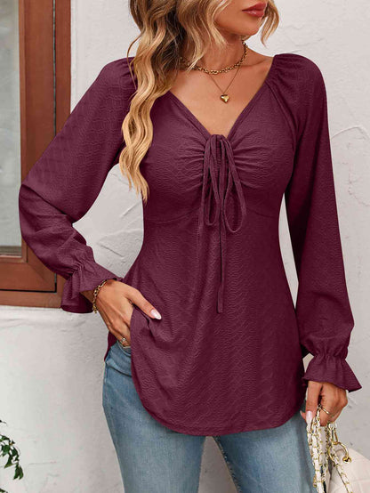 Tie Front V-Neck Puff Sleeve Blouse - Astra's Stellar Boutique