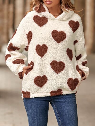 Fuzzy Heart Pocketed Dropped Shoulder Hoodie - Astra's Stellar Boutique