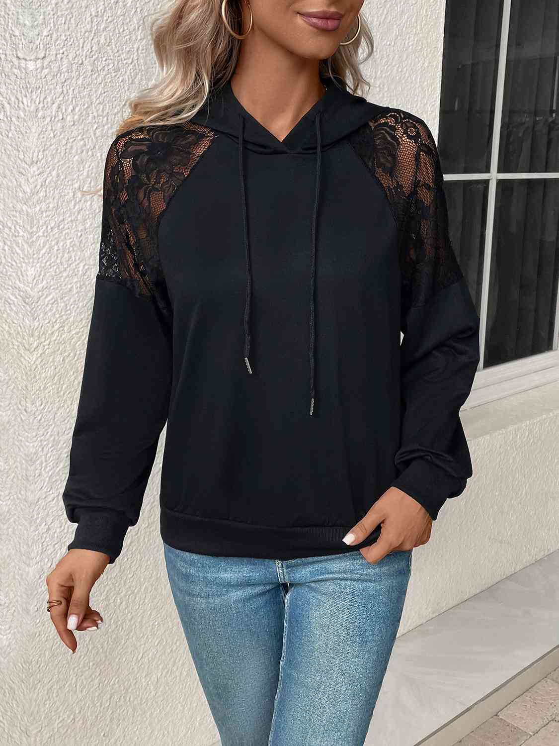 Lace Detail Drawstring Long Sleeve Hoodie - Astra's Stellar Boutique