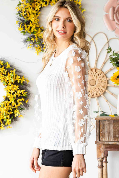 Double Take Textured Applique Long Sleeve Blouse - Astra's Stellar Boutique