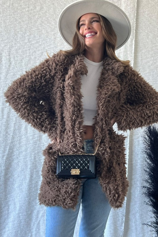 OPENFRONT LONG SLEEVE COLLARED FUR COAT FUR JACKET - Astra's Stellar Boutique