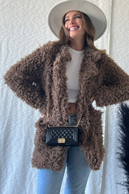 OPENFRONT LONG SLEEVE COLLARED FUR COAT FUR JACKET - Astra's Stellar Boutique