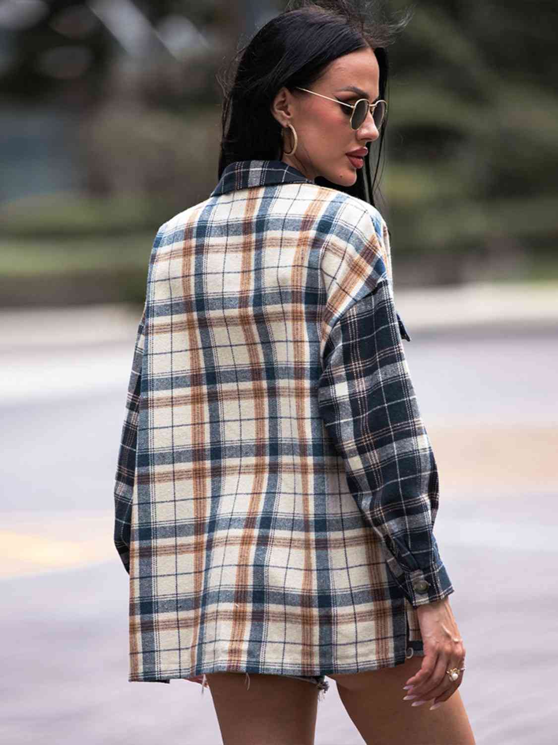 Plaid Dropped Shoulder Shacket - Astra's Stellar Boutique