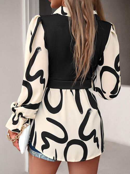 Collared Neck Black And White Color-Contrast Print Long Sleeve Shirt - Astra's Stellar Boutique